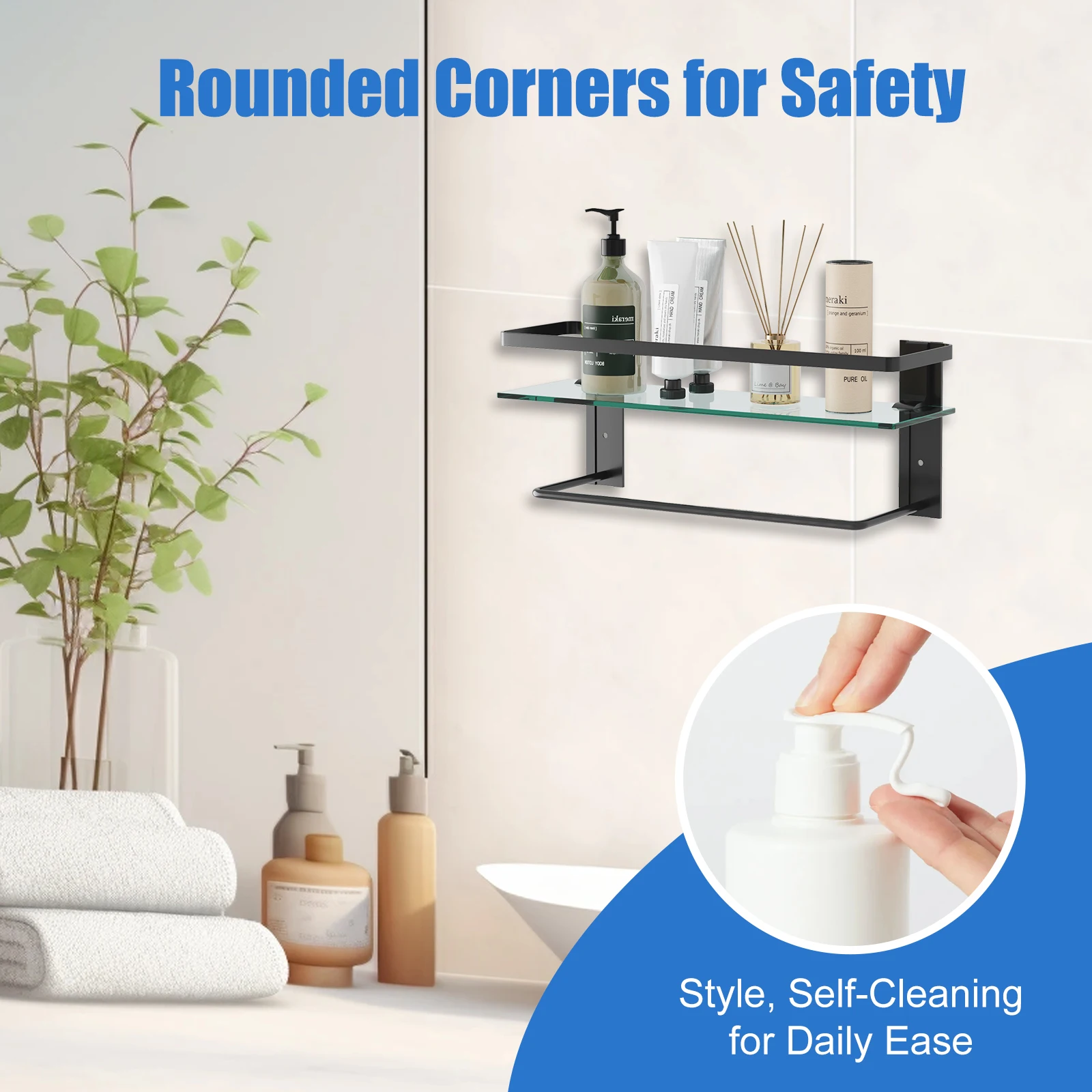 Glass Bathroom Shelf with Towel Bar 15.7in Bathroom Wall Shelves Rustproof Metal Bathroom Wall Organizer 2-Tier 2