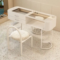 Cream Wind Glass Nail Tables Nordic Salon Furniture for Beauty Salon Storage Table Light Luxury Professional Manicure Table Set