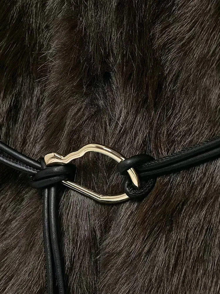 Vintage Luxury Faux Fur Women Coats Fashion Belt Lapel Full Sleeve Female Jacket 2024 Winter Street Loose Thicken Lady Outwears 5