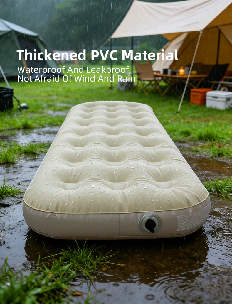 Beige Flocked Inflatable Mattress Portable Air Bed for Home Camping Travel Guest Room