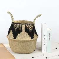 Seagrass Storage Basket Lace Laundry Tassel pendant Basket Natural Rattan Flower Basket Straw Toys storage organizer Black White 1