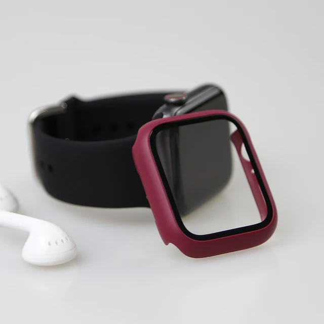 Glass+Watch Cover for Apple Watch Case 41mm 45mm 40mm 44mm 42mm 38mm Matte Bumper+Screen Protector for Iwatch SE 7 6 5 4 3 2 1 Red Wine