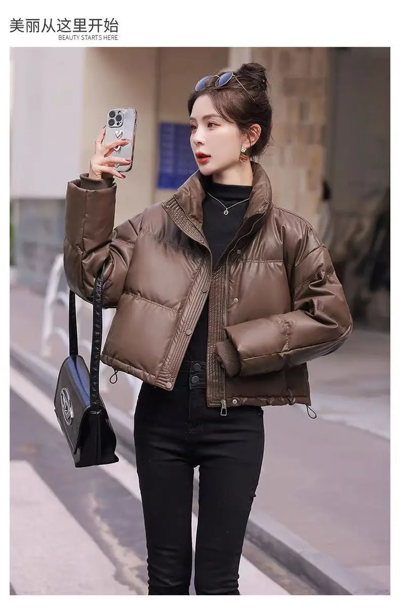 Solid Color Windproof Cropped Puffer Jacket Women Winter Thick Short Coat Warm Coat Fluffy Parka Vintage Tops Women's Clothing