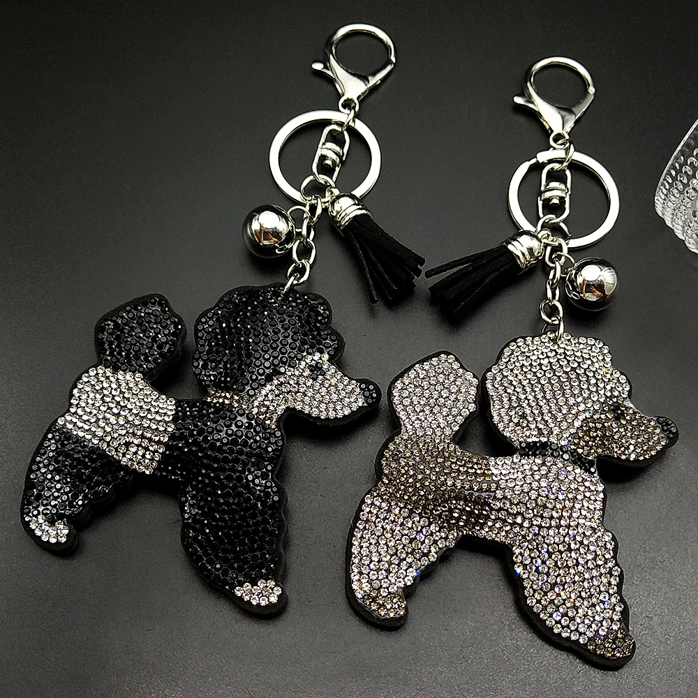 Pudel Teddy Hund Schlüsselanhänger Damen Herren Voller Strass Kristall Schwarz Quaste Kawaii Welpe Tier Geldbörse Tasche Charm Schlüsselanhänger Schmuck