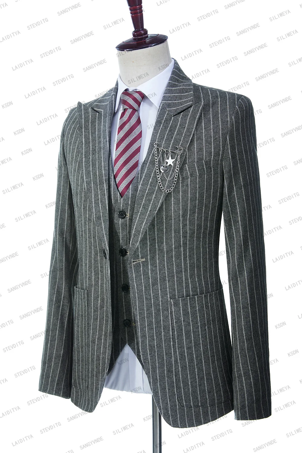 2023 New Suits For Men 3 Pcs Casual Slim Fit Summer Grey Linen White Stripe Blazer Vest Pants Set Formal Wedding Tuxedos Groom