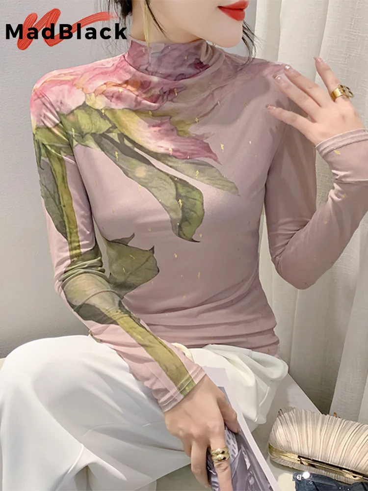

MadBlack European Clothes T-Shirts Women Sexy Turtleneck Print Shiny Slim Mesh Tops Long Sleeves Tees Autumn Winter T39710JM