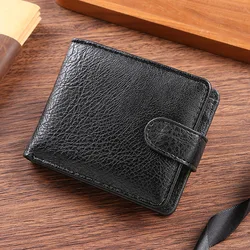 Vintage Leather Short Wallet for Men - Durable Casual Coin Pouch & Slim Photo ID Card Holder with Money Clip (Black)