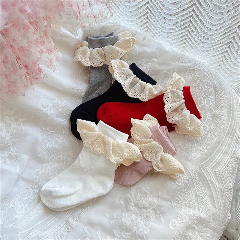 

Toddler Kids Lace Ruffles Decoration Socks Baby Girls Casual Lovely Princess Breathable Elastic Mid-Tube Socks for 0-5 Years