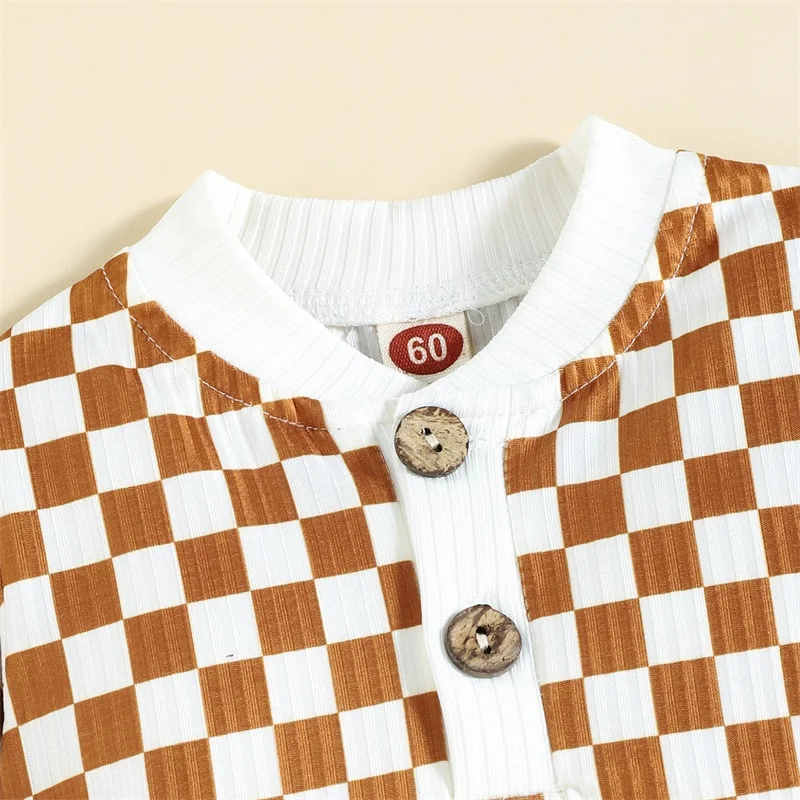 -07-02 Lioraitiin 0-24M Infant Baby Girl Boy Suit Set Checkerboard Print Long Sleeve Romper with Buttons Tie-Up Long Pant