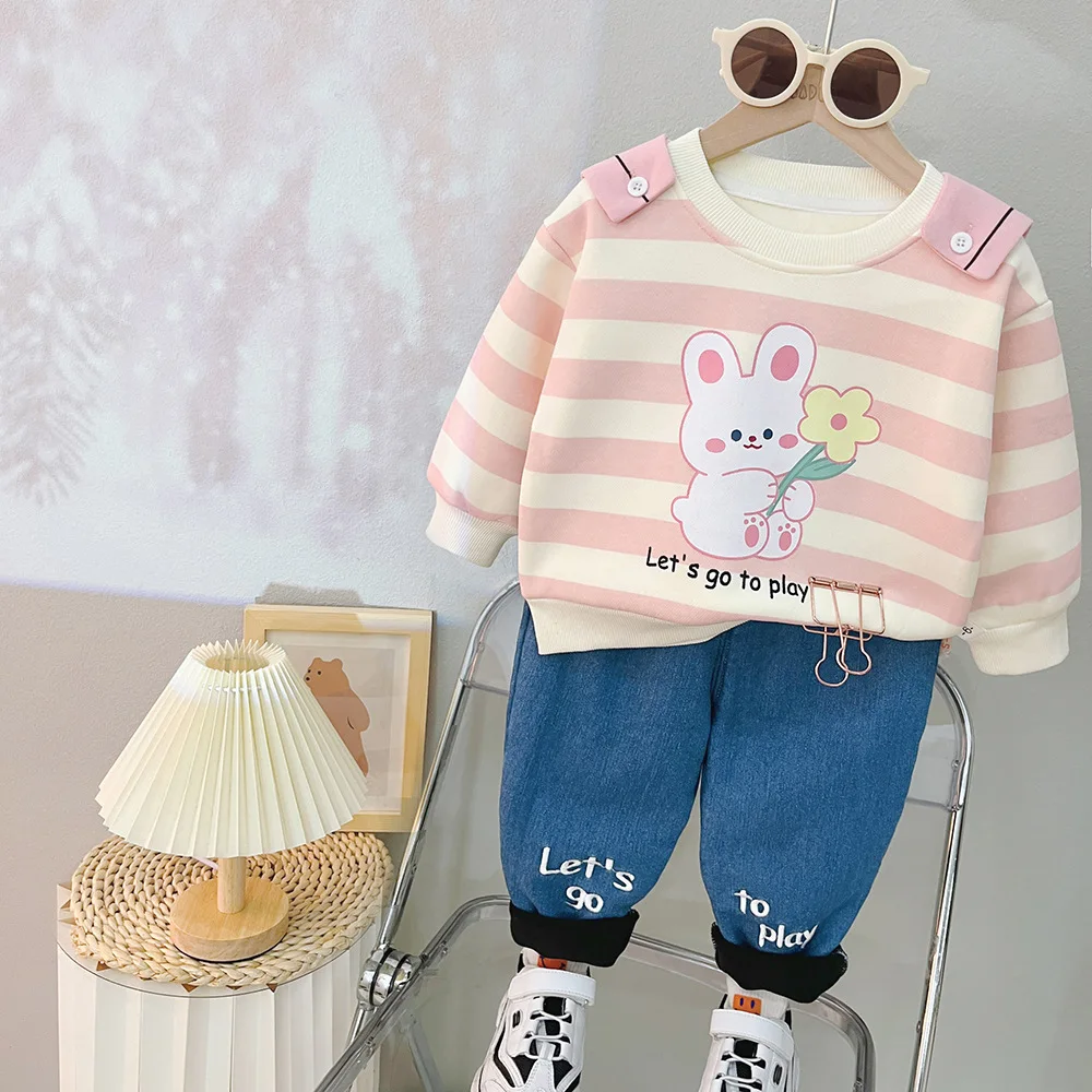 

2023 Toddler Baby Girl Stripe Outfit Long Sleeve Cartoon Rabbit Sweatshirt Tops Elastic Pants 2PCS Fall Winter Clothes