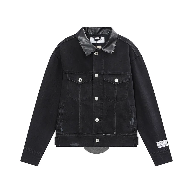 

2024 lanvin fall and winter models retro logo printing leather collar denim jacket jacket men and women with the same paragraph