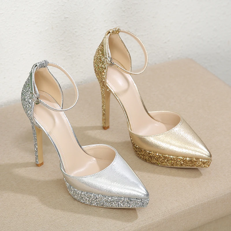 Kcenid Fashion Sequined Cloth  Pointed Toe Women Pumps Sandals Stiletto High Heels Sexy Buckle Strap Ladies Dress Wedding Shoes