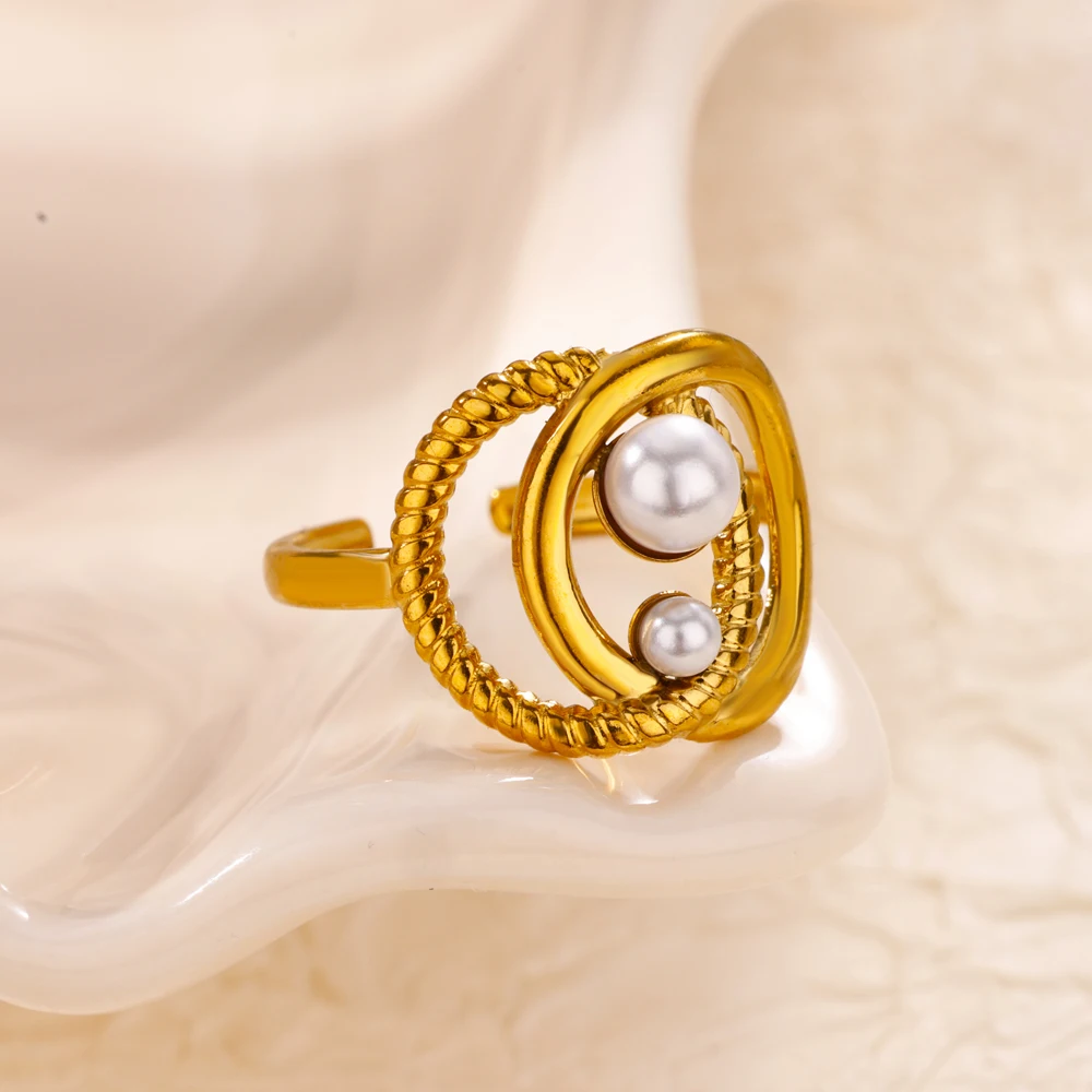 Stainless Steel Double Round Imitation Pearl Ring For Women Wedding