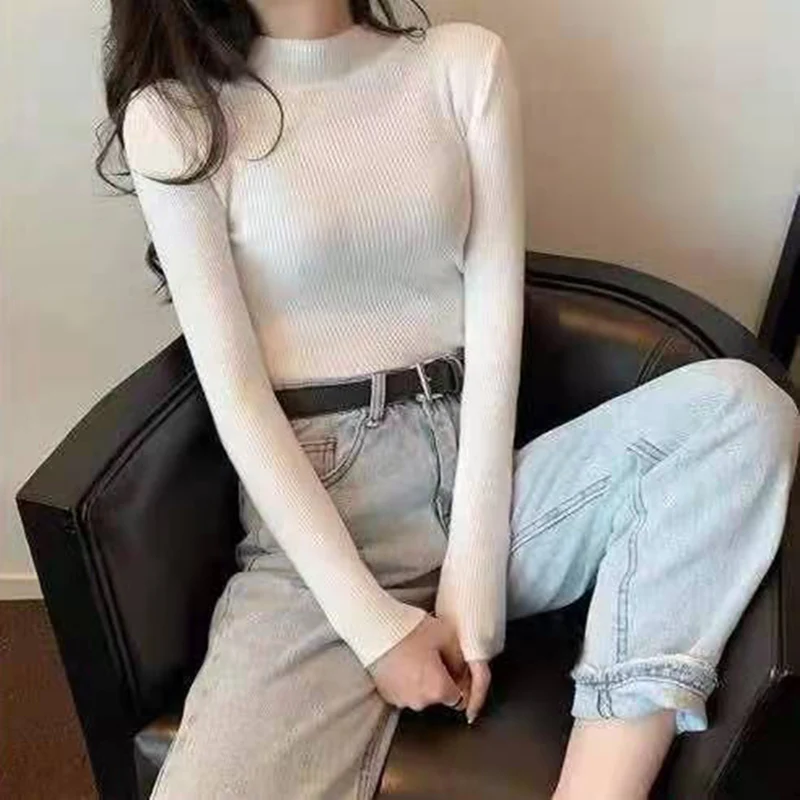 Rimocy Spring Autumn Knitted Sweaters Women 2022 Long Sleeve Basic Primer Pullovers Woman Korean Solid Color Slim-fit Pull Femme striped sweater Sweaters