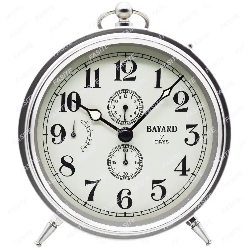 

Seven Days Mechanical Movement Alarm Clock Metal Modern Clockwork Large Volume Bedroom Desktop Table Clocks Silver Desk Decor