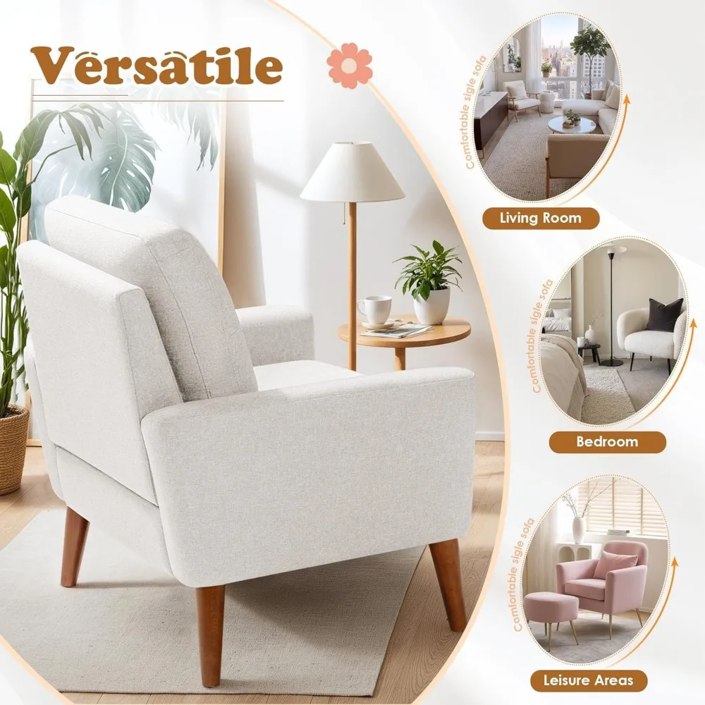 Mid Century Accent Chair, Fabric Modern Reading Living Room Chair, Fluffy Comfy Armchair Small Sofa Chair with Wood Legs 5