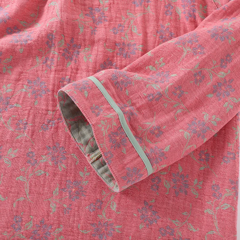 Chinese-style Color-woven Jacquard Pajamas Cotton Double-layer Gauze Pijamas Women Long-sleeved National Style Loungewear Set_ecoleips.com