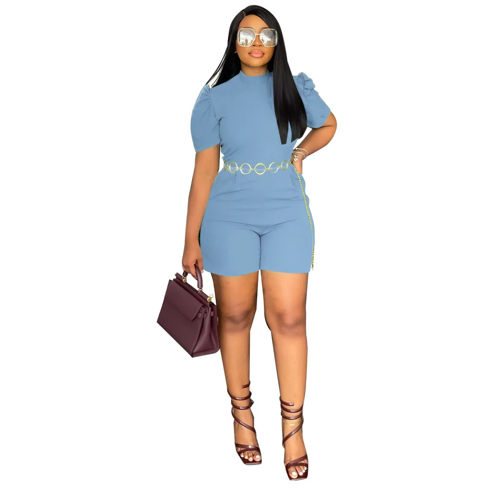 Summer Short Jumpsuit Women Fashion African Office Ladies Solid Puff Sleeve Sashes Slim Jumpsuit Women