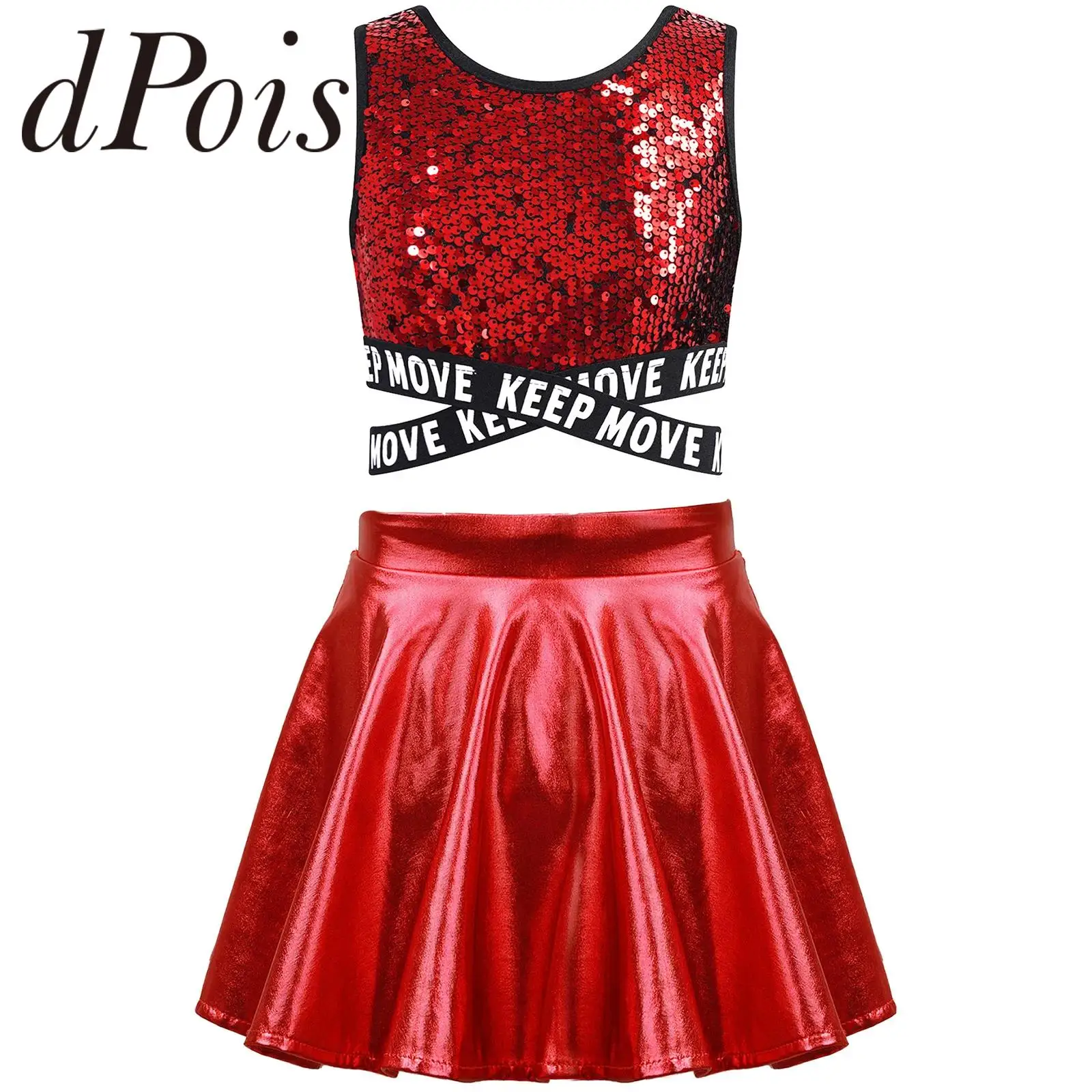 Kids Girls Jazz Cheer Dance Outfit Cheerleader Costume Sequins Crop Top Skirt for Cheerleading Uniform Dancewear Hip-hop Clothes