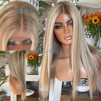 Balayage Light Brown Ash Blonde Silky Straight Human Hair Full Lace Wigs Remy Brazilian Pre Plucked 13x4 Lace Frontal Wigs