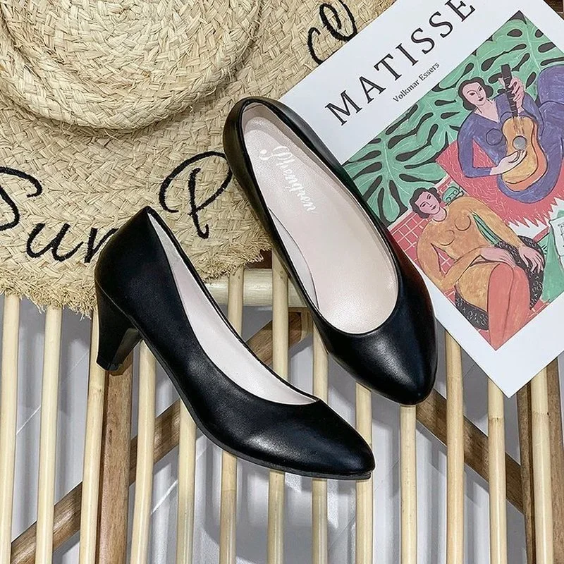 Work Professional Women's Shoes Shallow Mouth Work Stewardess Leather Hotel Employees High Heels Shoes Women 5