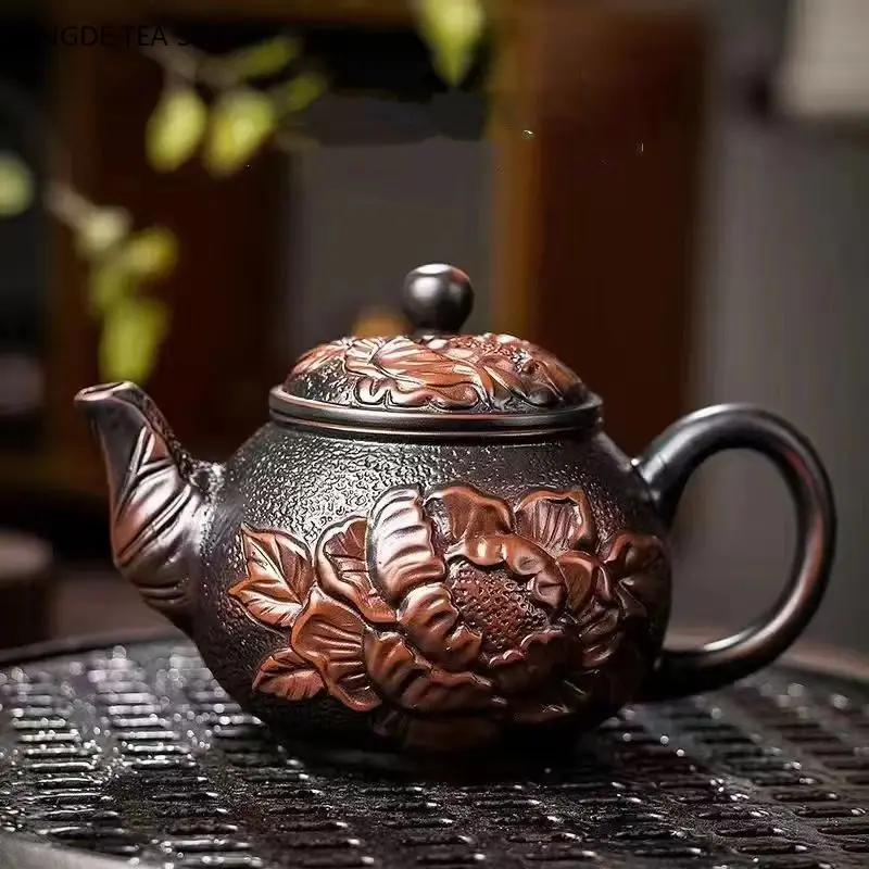 1 PCS Purple Ceramic Relief Single Dragon Phoenix Stone Scoop Pot Ball Hole Filter Large Capacity Purple Mud Retro Teapot