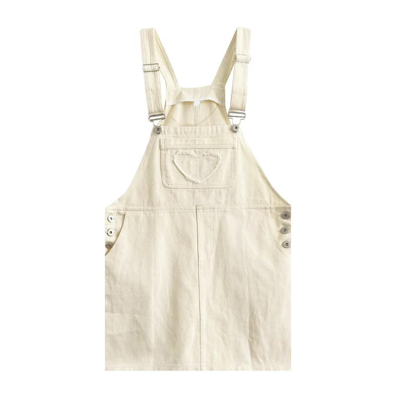 

Japanese love heart big pocket college style loose and casual washed denim suspender skirt