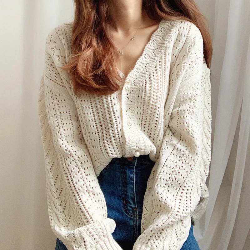New Fashion Women's Autumn and Winter Hollow Cardigan V-neck Long-sleeved Sweater Solid Color Elegant Knitwear Casual Top