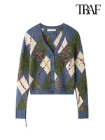 TRAF Women's Fashion 2024 Street Style Colorblocked Diamond Pattern Knitted Cardigan Vintage V-Neck Long Sleeve Sweater Jacket 1
