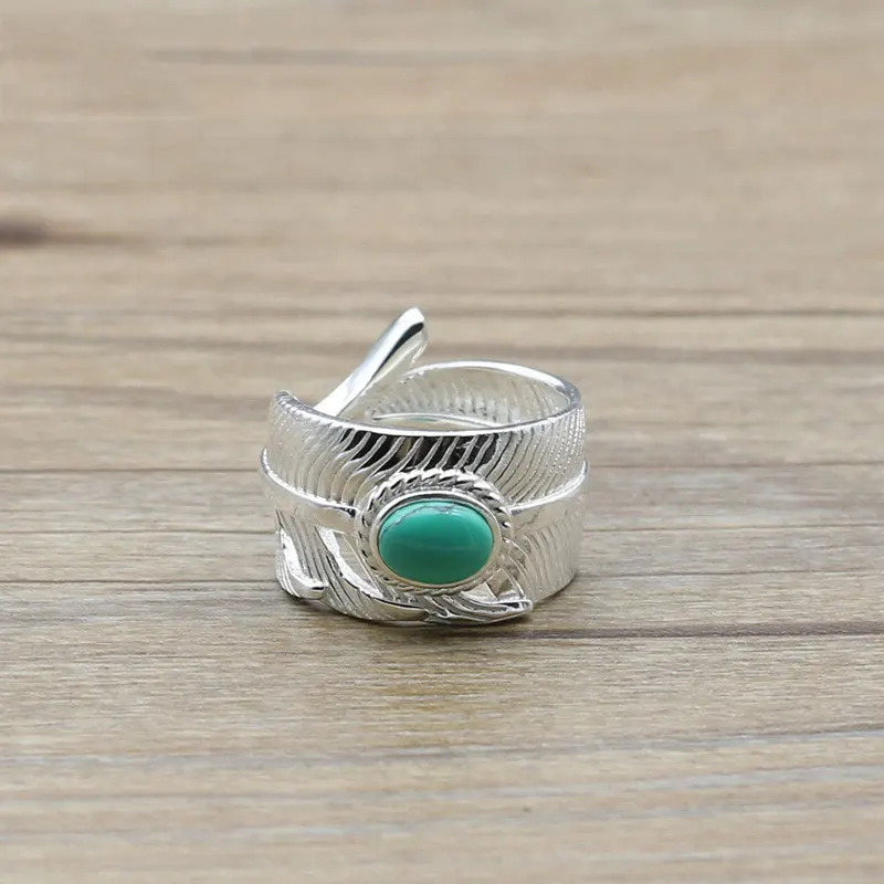 

Handmade Sterling Silver Jewelry Thai Silver Feather Turquoise White Silver Ring Live Fashion Men's Accessories Ring