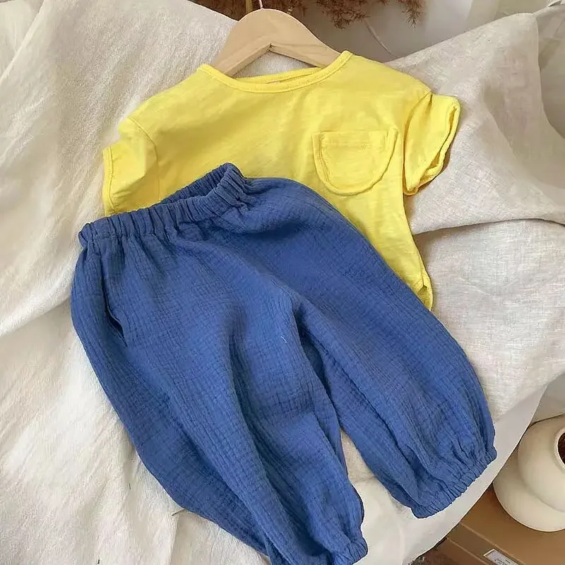 thumbnail image 1 of Pantalones de algodón de burbujas Vintage para niños y niñas, repelente de mosquitos versátil, pantalones de playa casuales de cintura alta, Color sólido, 1 of 4