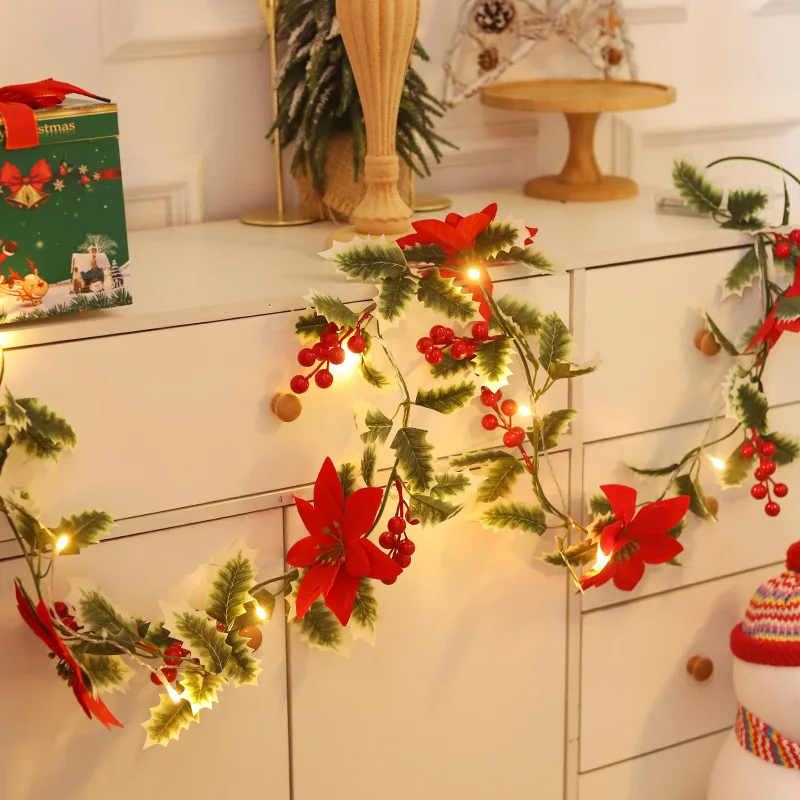 LED Christmas Flowers Wreath String Lights Artificial Fake Leaves Red Berry Garland Rattan Lighting Strings For Home Party Decor