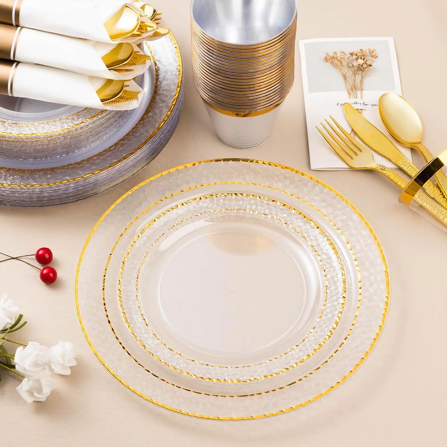 350PCS Clear Plastic Plates with Gold Trim for 50 Guests Disposable Dinnerware Set for Party Includes 100 Plastic Plates