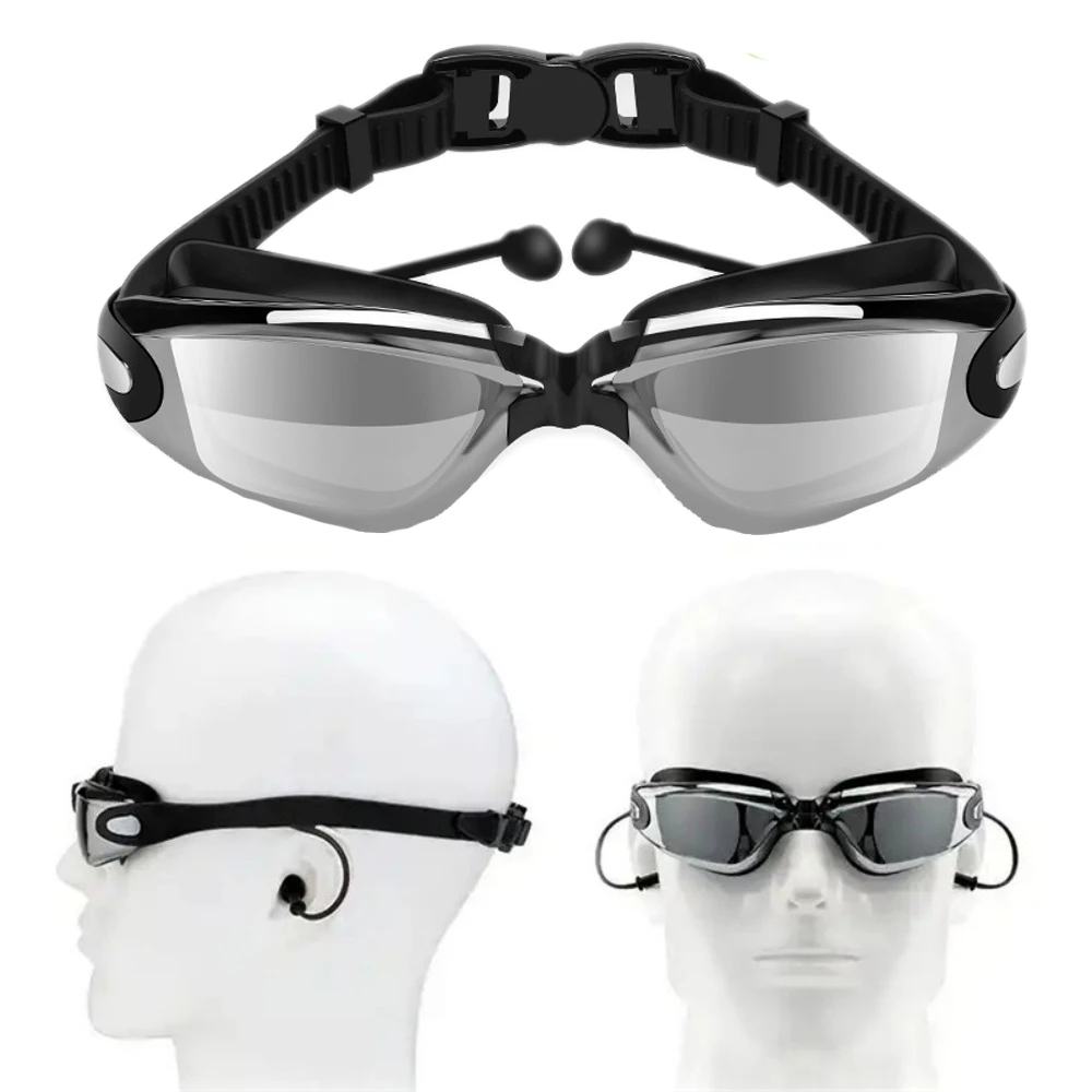 Swimming Goggles Adults Swim Glasses with Earplug Men Women Anti-fog Waterproof Swim Eyewear Pool Diving Training Race Glasses