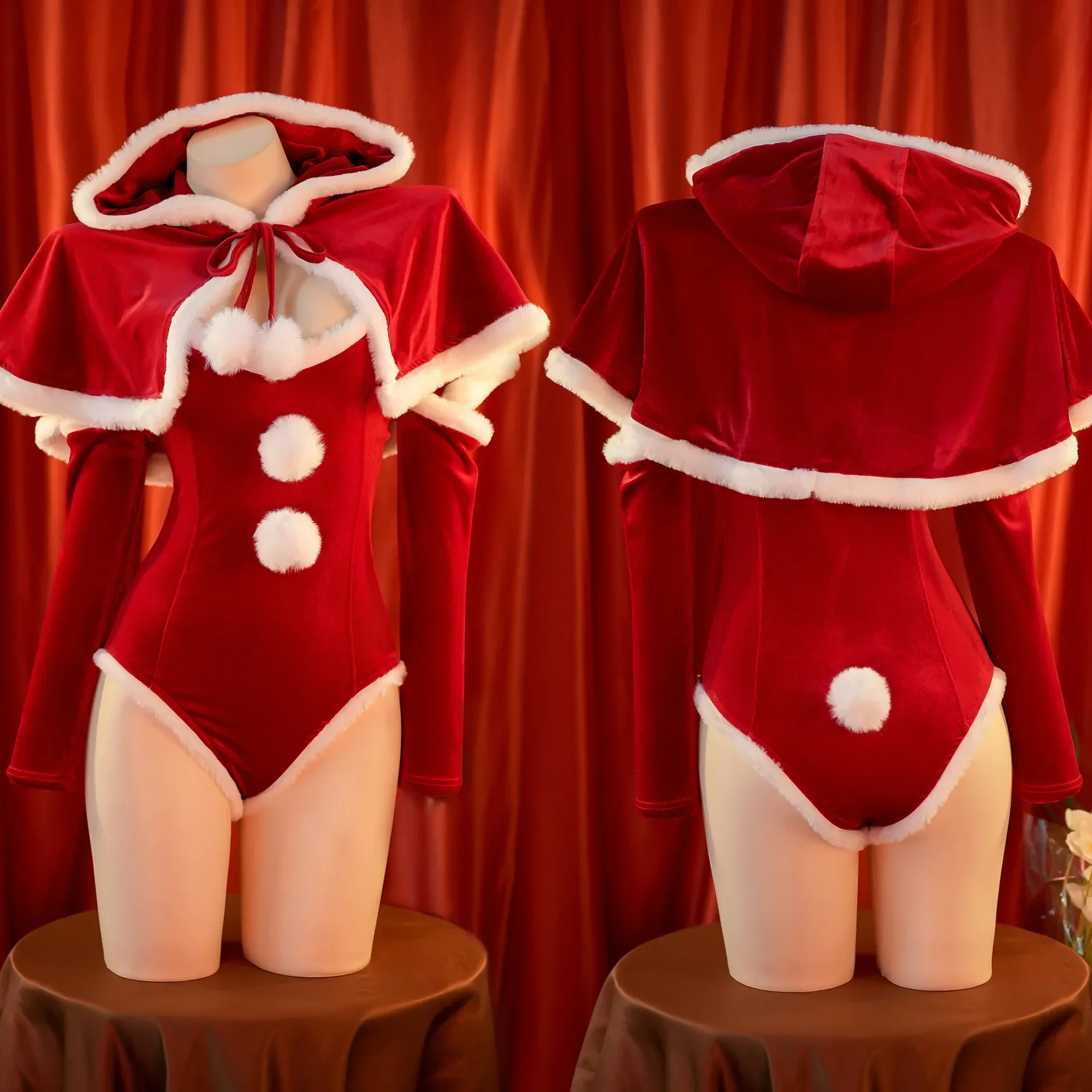 

Anime Christmas Uniform Bodysuit with Cloak Red Stockings Outfits Cosplay Costumes New Year Plush Nightgown Underwear Outfits