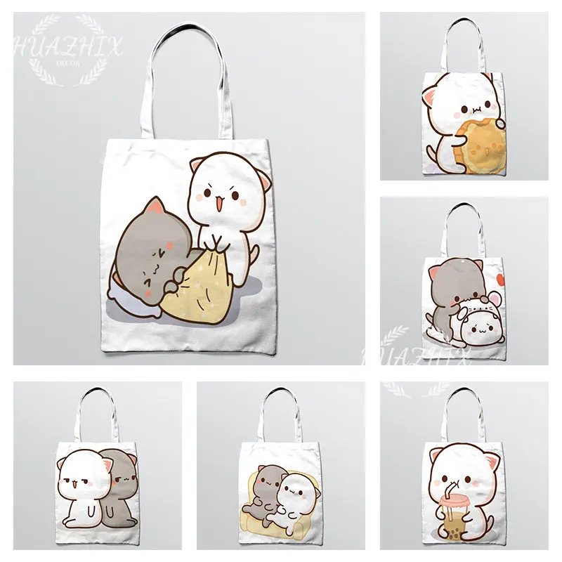 

Mocha Mochi Peach Cat Shoulder Bag Little Girl Women Shopping Handbag Reusable Canvas Children Cute Tote Travel for Lady Case