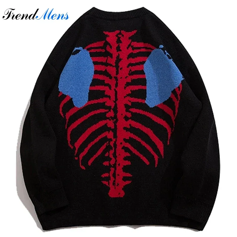 

Men Harajuku Knitted Sweaters Skeleton Bone Graphic Pullovers Casual Loose Thick O-Neck Sweaters Oversize Couples Streetwear