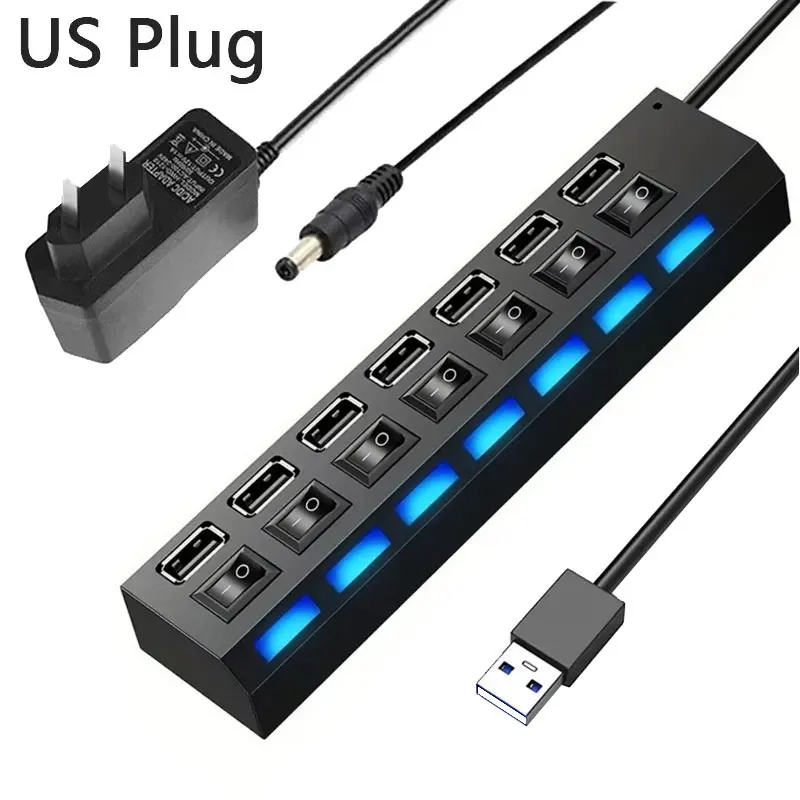 Enhanced USB Hub with Power Adapter and Switch - 4/7 Port Multi-Port Expander with 30CM Cable