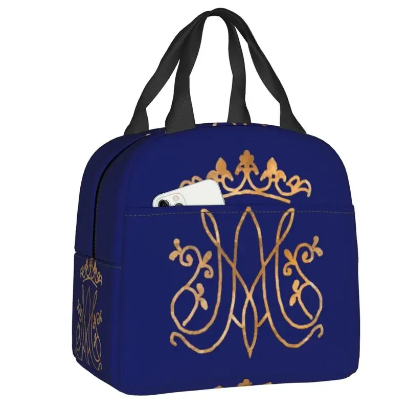 

Ave Virgin Mary Monogram Lunch Bag Thermal Cooler Insulated Lunch Box For Women Kids School Children Picnic Travel Food Tote Bag