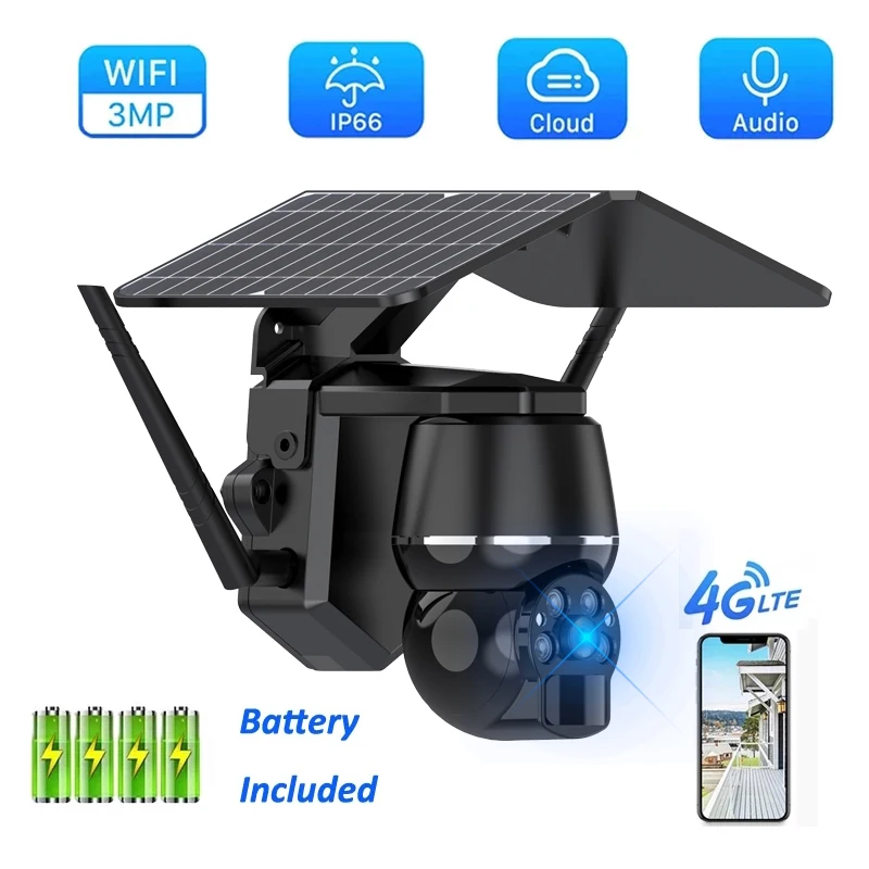 HONTUSEC 4G Solar PTZ Outdoor IP66 3MP Solar Security Camera With Built-in Battery PIR Detect Color Night Vision IP Camera Solar