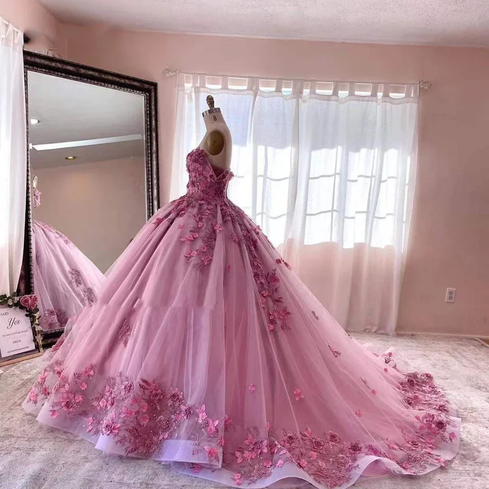 

Розовые Бальные платья, тюлевые платья для Quinceanera, кружевные аппликации, возлюбленные цветы, выпускные, элегантные, принцессы, 15 бальных шаров, 2024