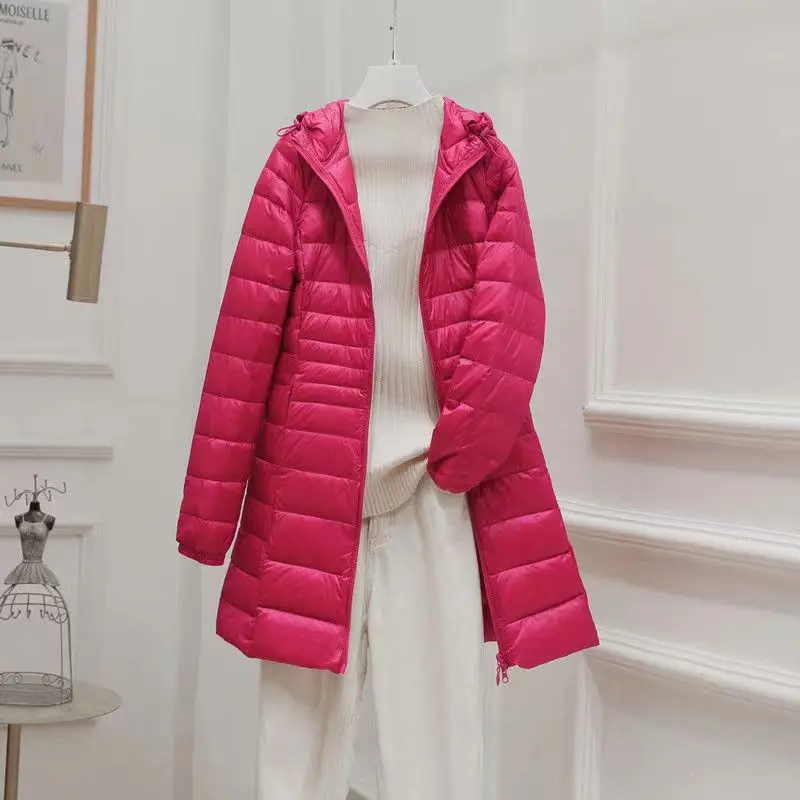 7XL Winter Ladies Long Warm Down Coat With Portable Storage Bag Women Ultra Light Hooded Down Jacket Women Windproof Down Parkas