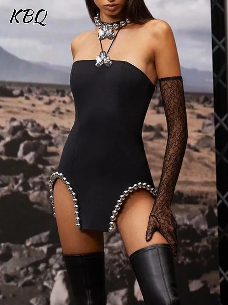

KBQ Sexy Solid Off Shoulder Mini Dress For Women Strapless Sleeveless High Waist Patchwork Zipper Slimming Chic Dresses Female