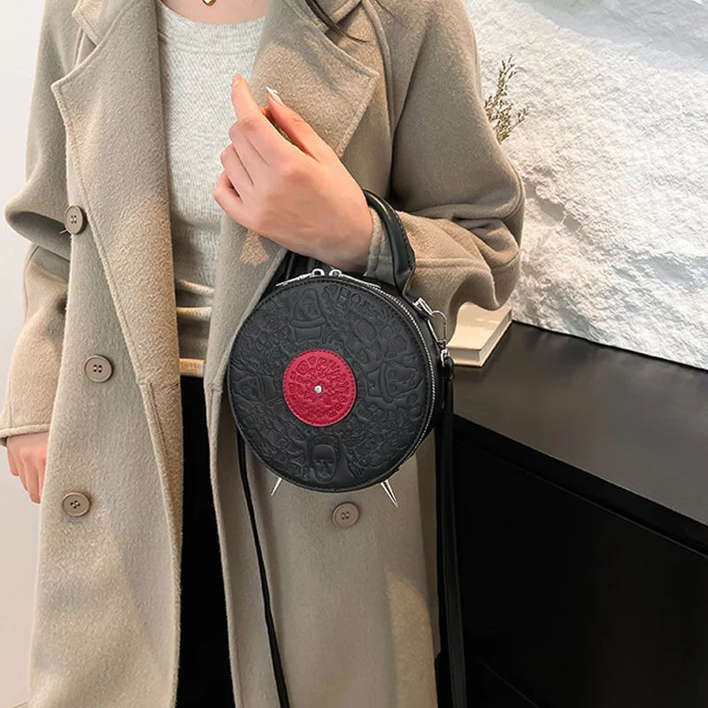 Personalized Creative Small Round Bag New Fashion Women's Niche Retro Record Shape Handbag Ladies PU Crossbody Bag