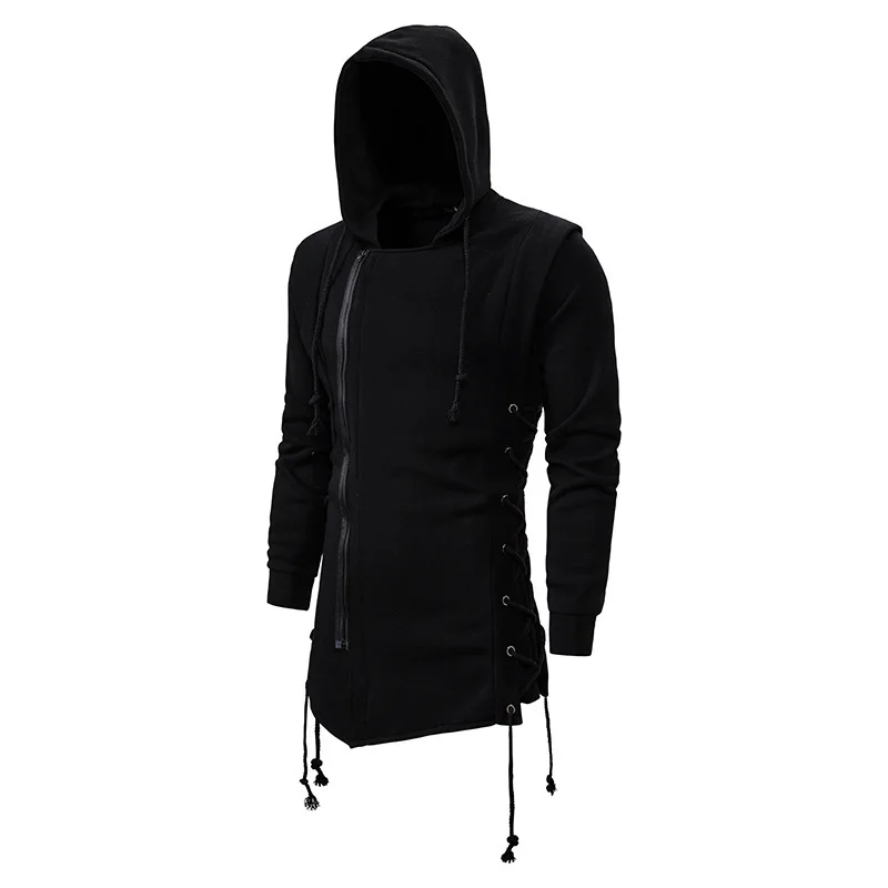 Men's Dark Black Hooded Loose Jacket Medium Length Gothic Slim Fitting Sweater Side Lace Up Gothic Sweater 2023 New Harajuku