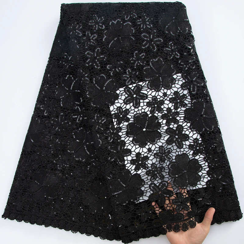

Black Lace Fabric Nigerian Guipure Fabric With Sequins African Cord Lace Fabric 2023 5 Yards For Women Party Dress Sew A3168