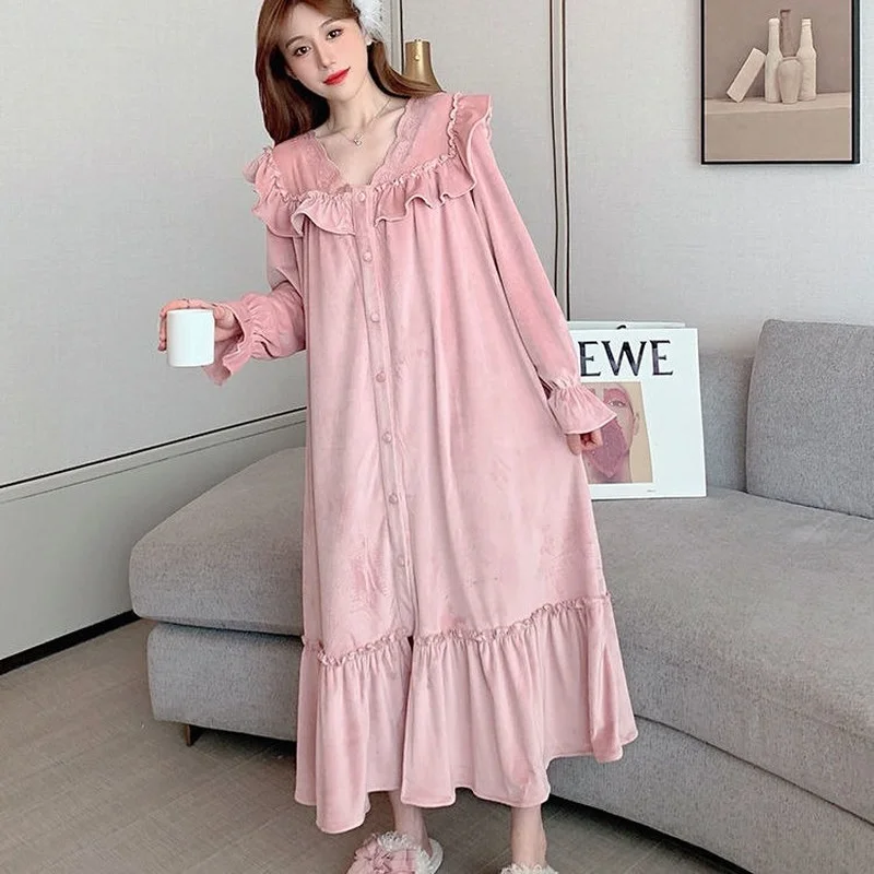 

Autumn Winter Long Sleeve Sweet Princess Thick Warm Nightgowns Women Velvet Sleepwear Night Dress Nightdress Home Clothes F98