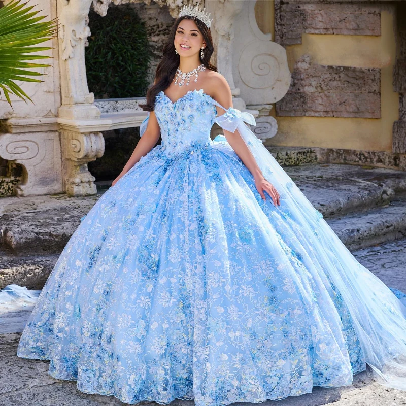 

Sky Blue Quinceanera Dress Off Shoulder Appliques Lace Floral Lace Beading Tull Ball Gown Corset Sweet 16 Vestidos De 15 Años