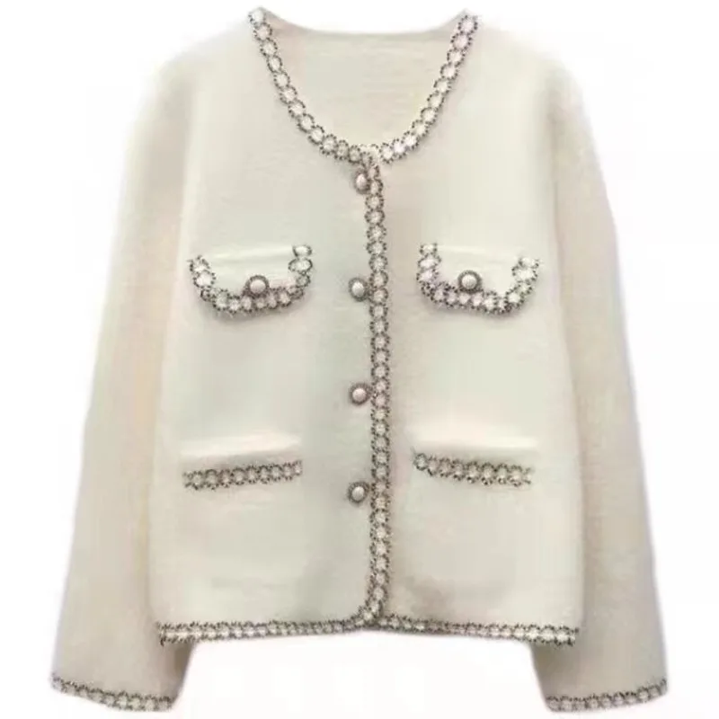 New Autumn and Winter Women's Elegant Cardigan Sweater Fashion Crew Neck Lace Solid Color Women's Shoulder Jacket with Pocket