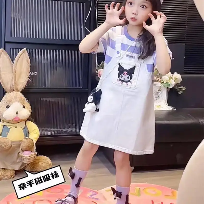 

Летнее платье для девочек с аниме Sanrio Kuromi, комплект с мультяшным рисунком, детский топ + юбка на бретелях, Детский костюм для отдыха с 2 рисунками, молодежная одежда